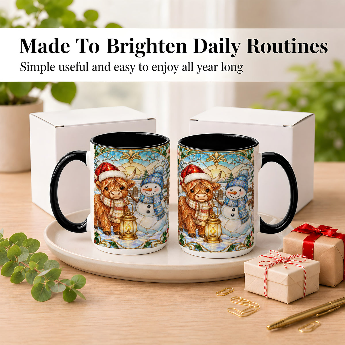 #pl[15oz|Black] Highland Cow Snowman Coffee Mug, Winter Holiday Mug, Ceramic Cup
