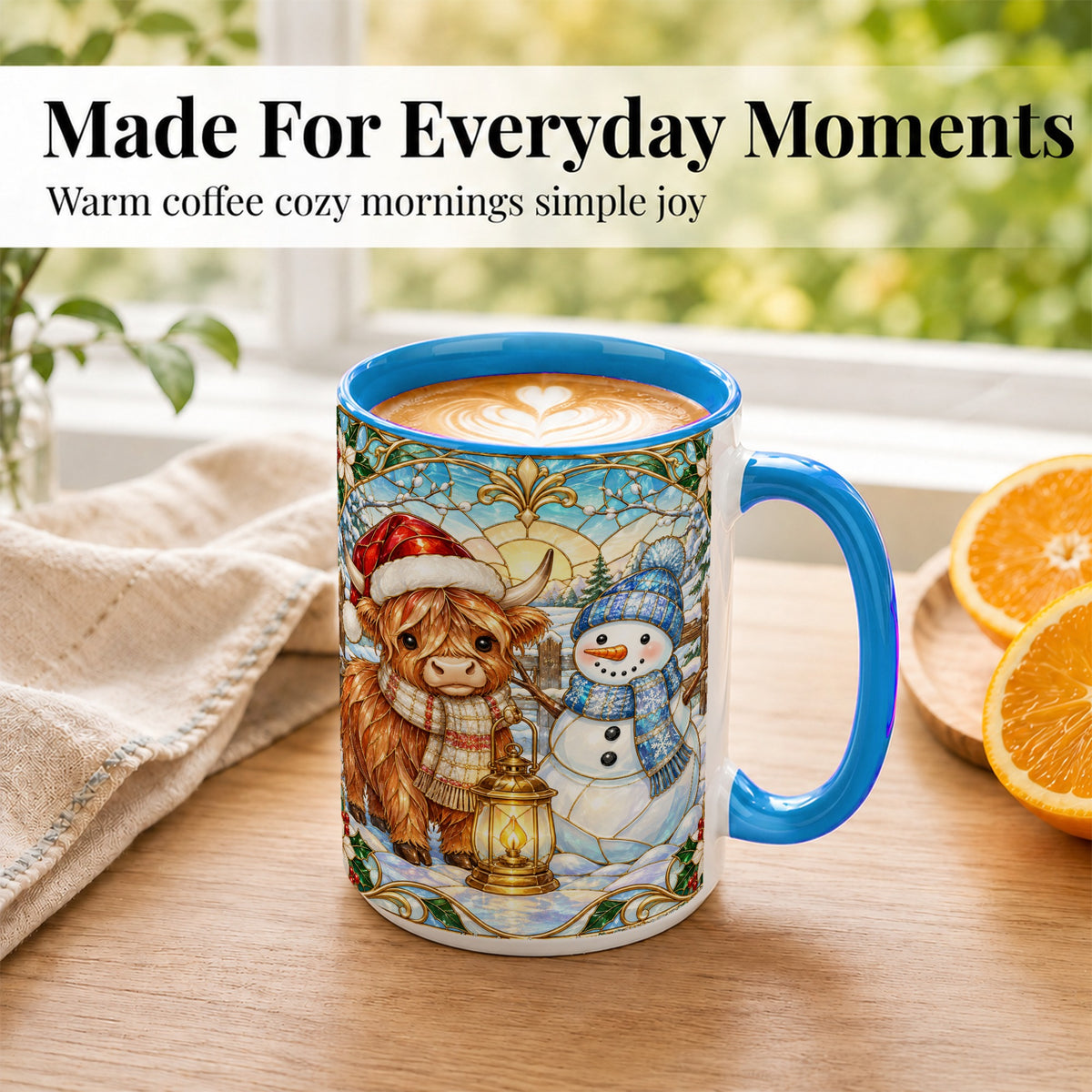 #pl[15oz|Blue] Highland Cow Snowman Coffee Mug, Winter Holiday Mug, Ceramic Cup