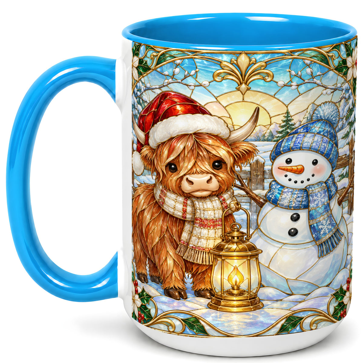 #pl[15oz|Blue] Highland Cow Snowman Coffee Mug, Winter Holiday Mug, Ceramic Cup