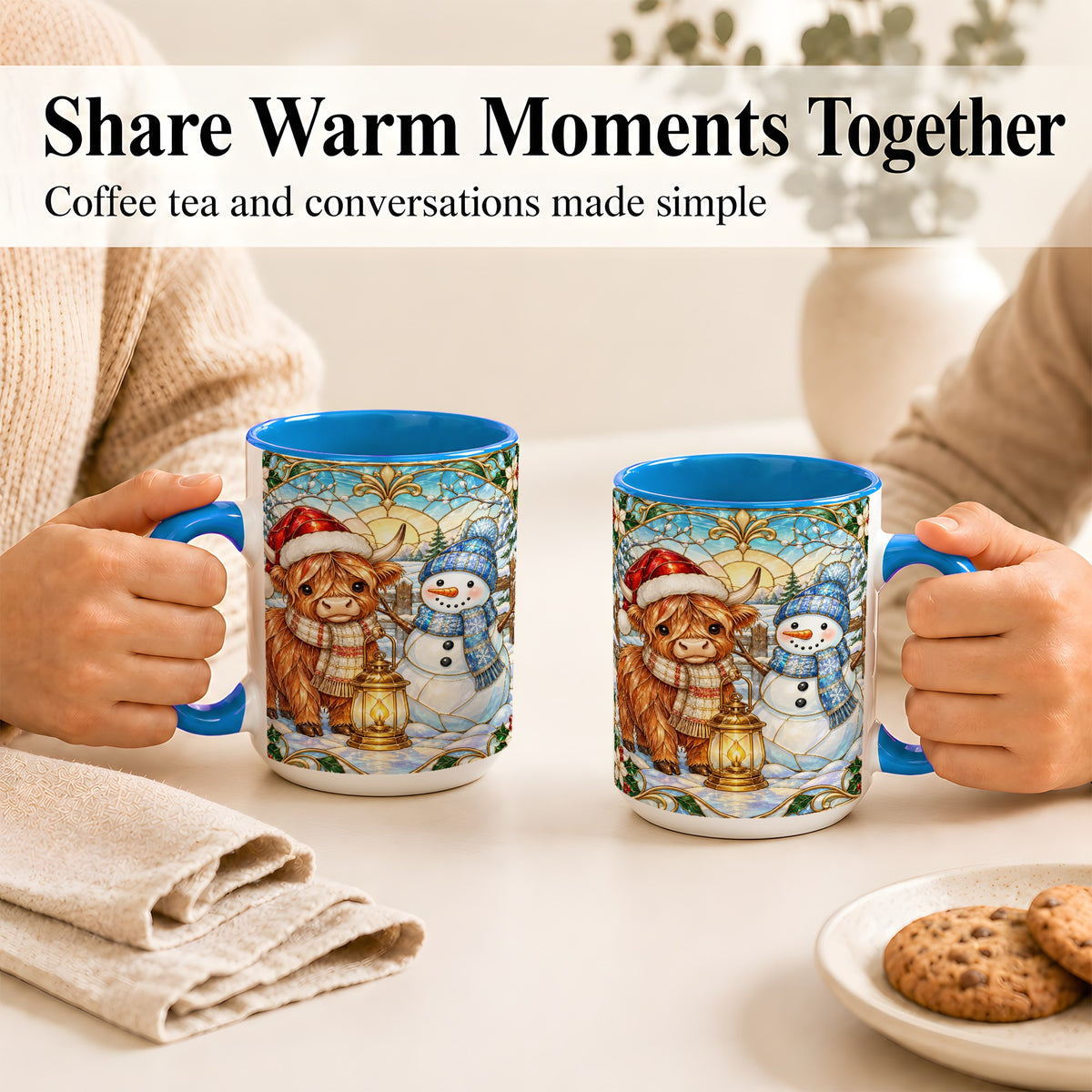 #pl[15oz|Blue] Highland Cow Snowman Coffee Mug, Winter Holiday Mug, Ceramic Cup