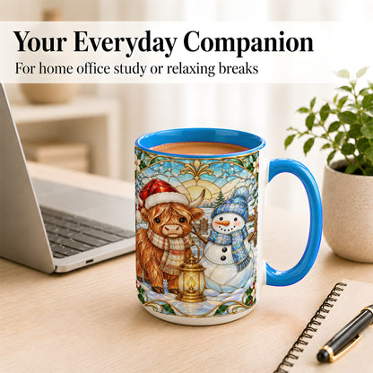 #pl[15oz|Blue] Highland Cow Snowman Coffee Mug, Winter Holiday Mug, Ceramic Cup