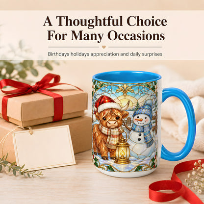 #pl[15oz|Blue] Highland Cow Snowman Coffee Mug, Winter Holiday Mug, Ceramic Cup