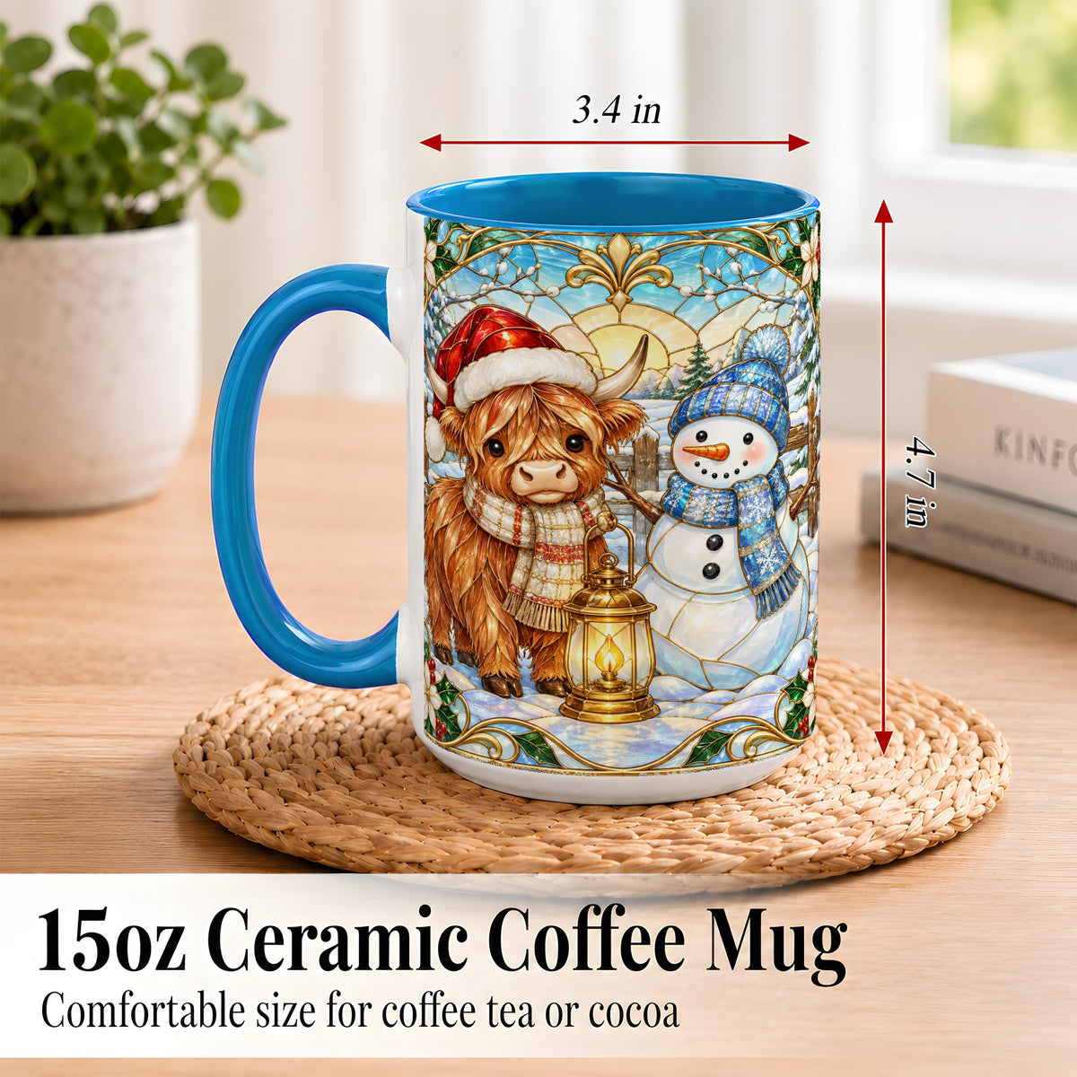 #pl[15oz|Blue] Highland Cow Snowman Coffee Mug, Winter Holiday Mug, Ceramic Cup
