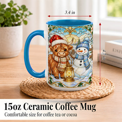 #pl[15oz|Blue] Highland Cow Snowman Coffee Mug, Winter Holiday Mug, Ceramic Cup