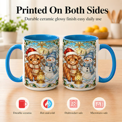 #pl[15oz|Blue] Highland Cow Snowman Coffee Mug, Winter Holiday Mug, Ceramic Cup