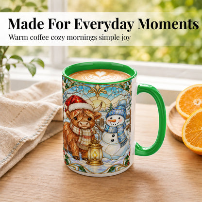 #pl[15oz|Green] Highland Cow Snowman Coffee Mug, Winter Holiday Mug, Ceramic Cup