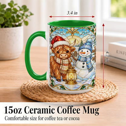#pl[15oz|Green] Highland Cow Snowman Coffee Mug, Winter Holiday Mug, Ceramic Cup