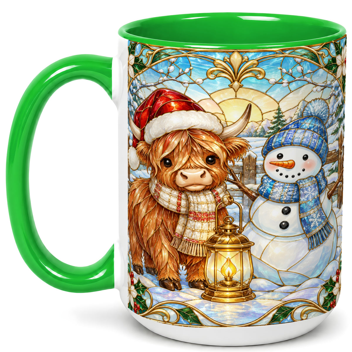 #pl[15oz|Green] Highland Cow Snowman Coffee Mug, Winter Holiday Mug, Ceramic Cup