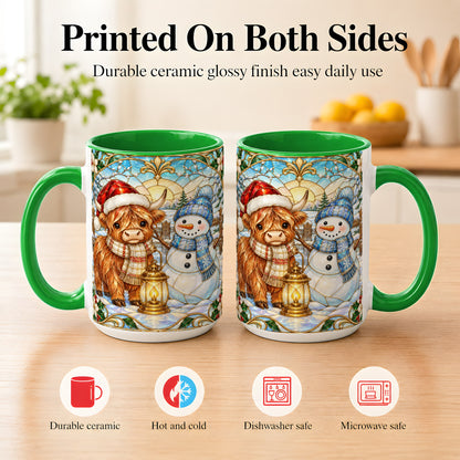 #pl[15oz|Green] Highland Cow Snowman Coffee Mug, Winter Holiday Mug, Ceramic Cup