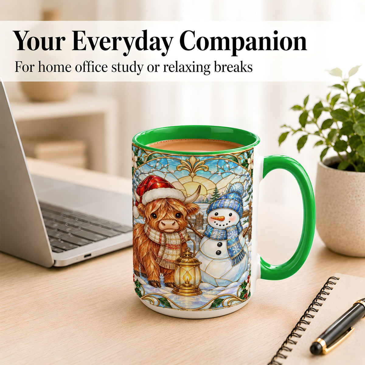 #pl[15oz|Green] Highland Cow Snowman Coffee Mug, Winter Holiday Mug, Ceramic Cup