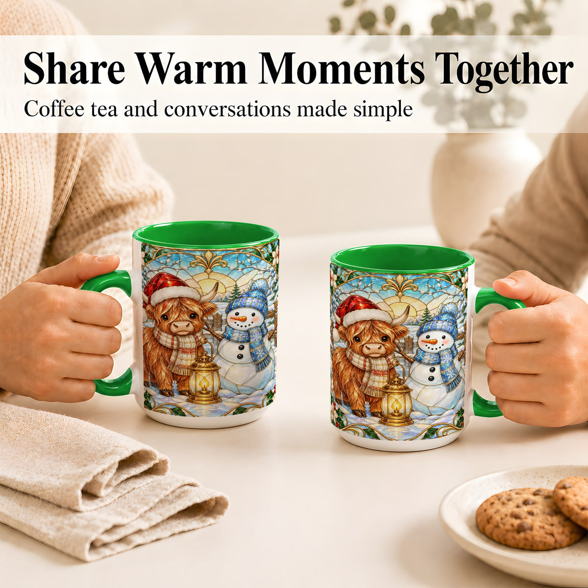 #pl[15oz|Green] Highland Cow Snowman Coffee Mug, Winter Holiday Mug, Ceramic Cup