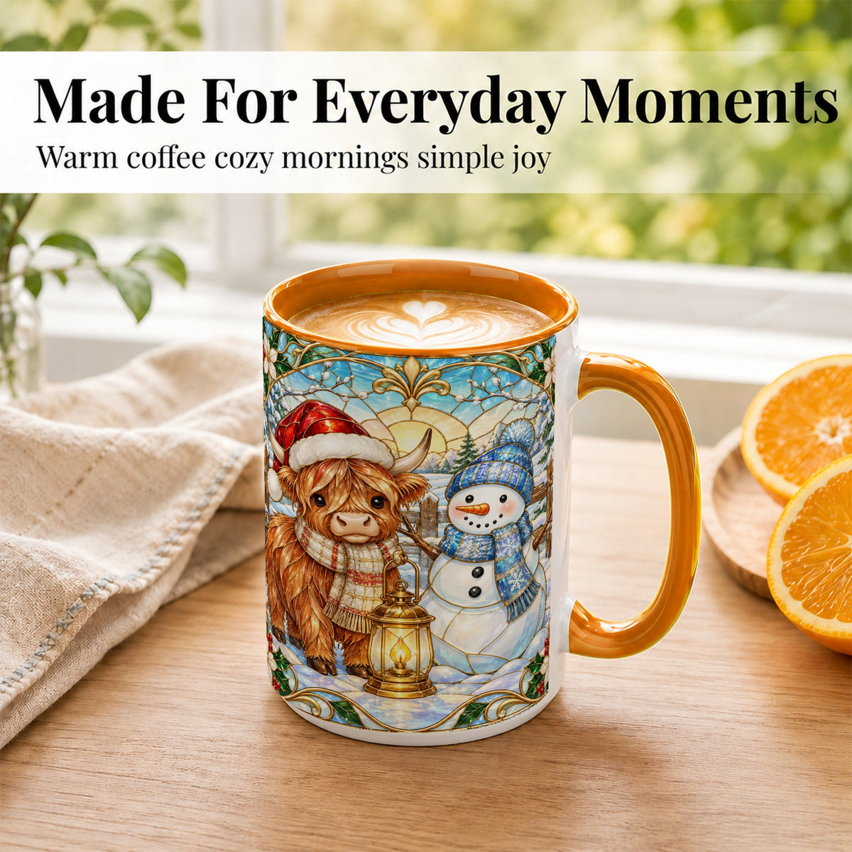 #pl[15oz|Orange] Highland Cow Snowman Coffee Mug, Winter Holiday Mug, Ceramic Cup