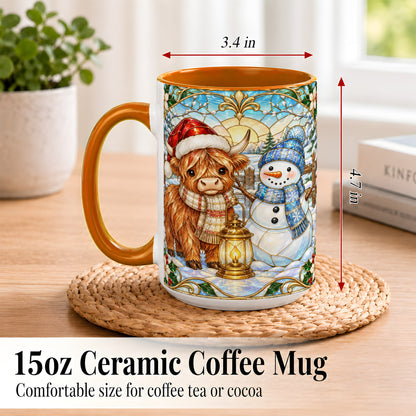 #pl[15oz|Orange] Highland Cow Snowman Coffee Mug, Winter Holiday Mug, Ceramic Cup