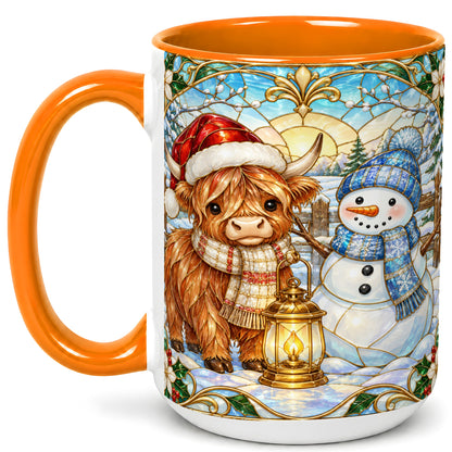 #pl[15oz|Orange] Highland Cow Snowman Coffee Mug, Winter Holiday Mug, Ceramic Cup