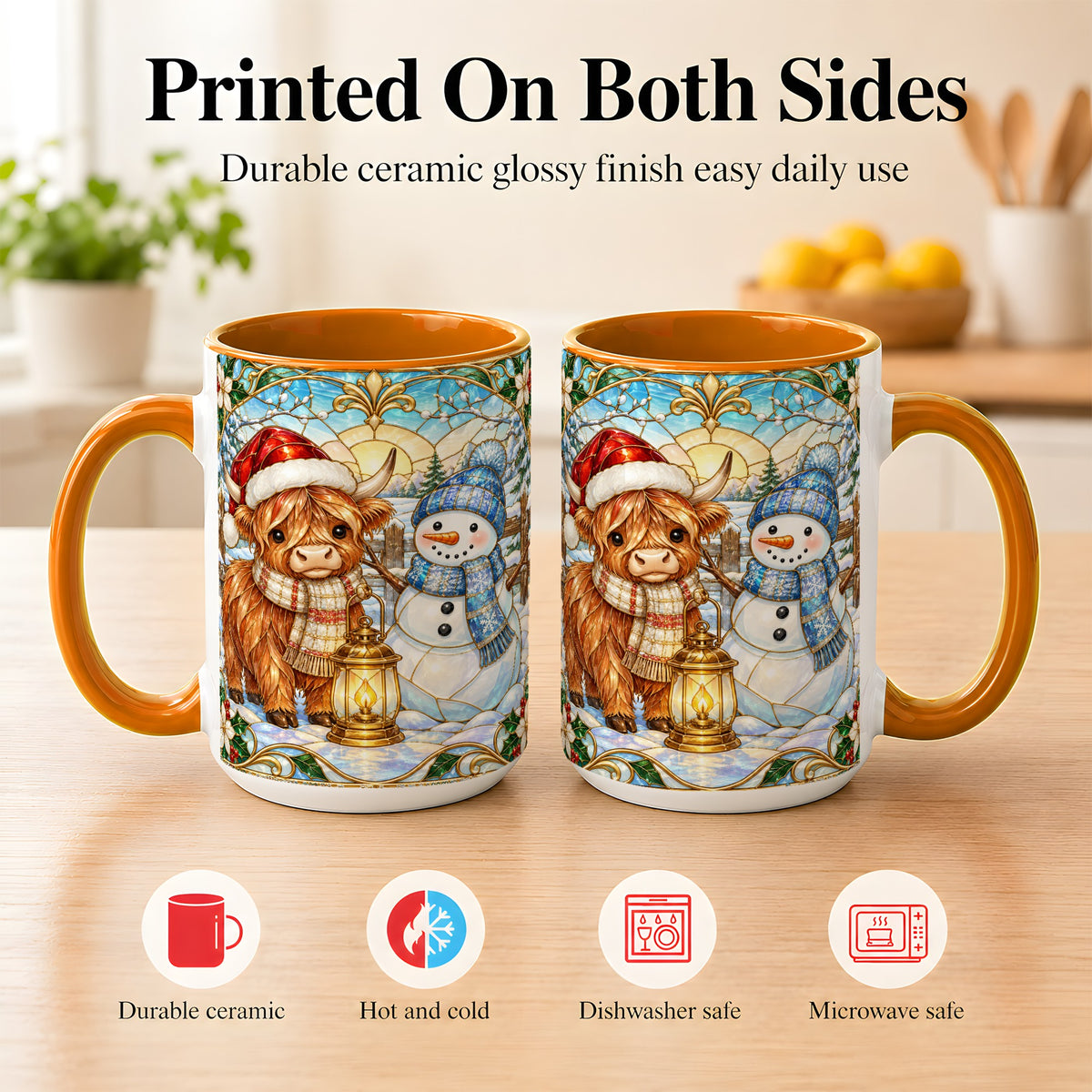 #pl[15oz|Orange] Highland Cow Snowman Coffee Mug, Winter Holiday Mug, Ceramic Cup