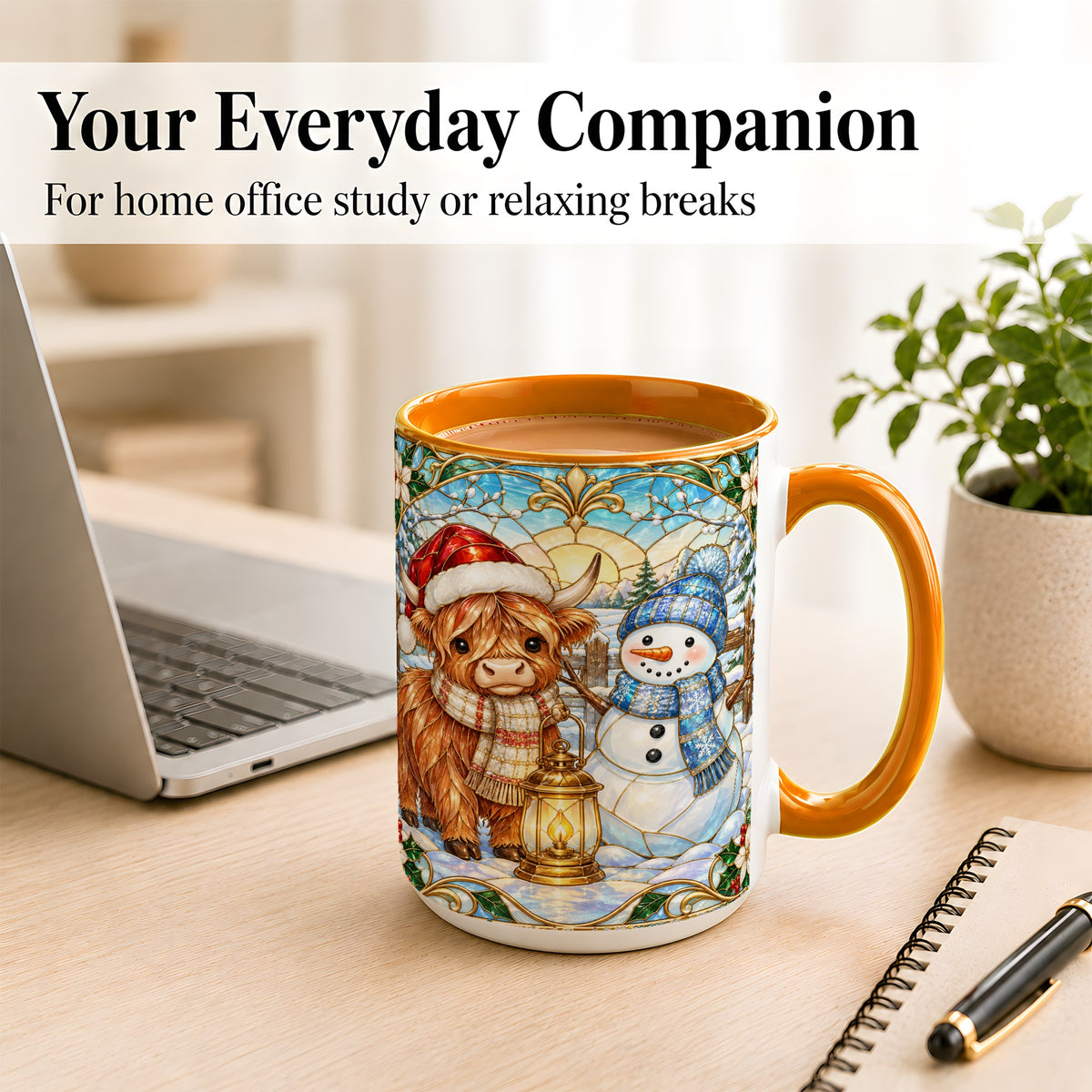 #pl[15oz|Orange] Highland Cow Snowman Coffee Mug, Winter Holiday Mug, Ceramic Cup