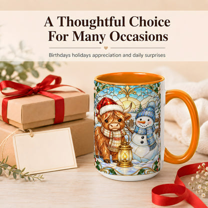 #pl[15oz|Orange] Highland Cow Snowman Coffee Mug, Winter Holiday Mug, Ceramic Cup