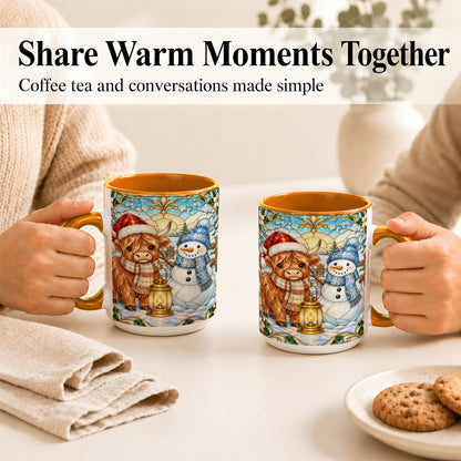 #pl[15oz|Orange] Highland Cow Snowman Coffee Mug, Winter Holiday Mug, Ceramic Cup