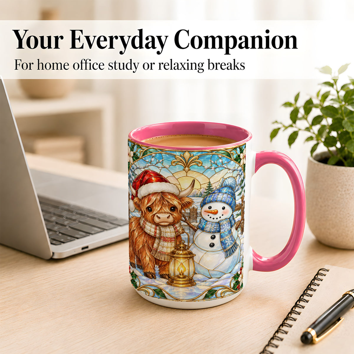 #pl[15oz|Pink] Highland Cow Snowman Coffee Mug, Winter Holiday Mug, Ceramic Cup