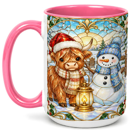 #pl[15oz|Pink] Highland Cow Snowman Coffee Mug, Winter Holiday Mug, Ceramic Cup