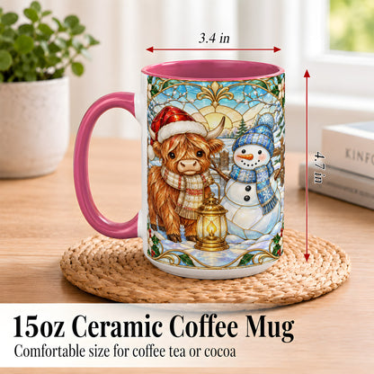#pl[15oz|Pink] Highland Cow Snowman Coffee Mug, Winter Holiday Mug, Ceramic Cup