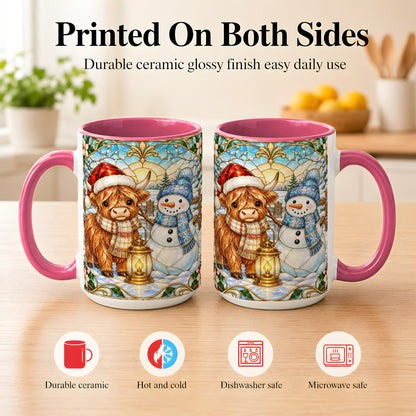#pl[15oz|Pink] Highland Cow Snowman Coffee Mug, Winter Holiday Mug, Ceramic Cup