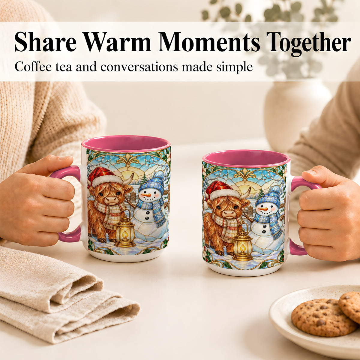 #pl[15oz|Pink] Highland Cow Snowman Coffee Mug, Winter Holiday Mug, Ceramic Cup