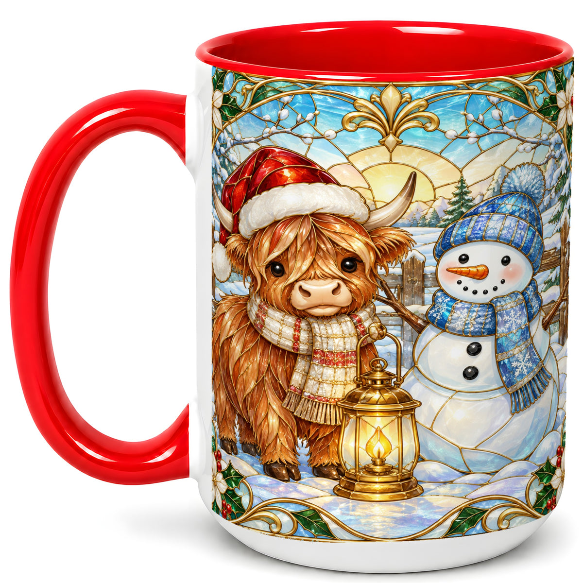 #pl[15oz|Red] Highland Cow Snowman Coffee Mug, Winter Holiday Mug, Ceramic Cup