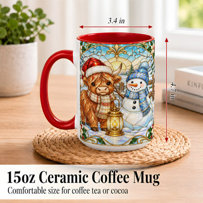 #pl[15oz|Red] Highland Cow Snowman Coffee Mug, Winter Holiday Mug, Ceramic Cup