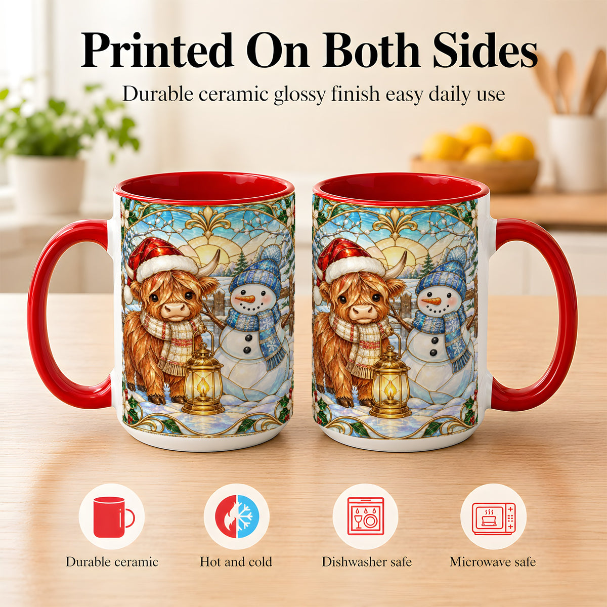 #pl[15oz|Red] Highland Cow Snowman Coffee Mug, Winter Holiday Mug, Ceramic Cup