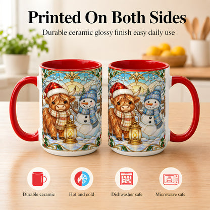 #pl[15oz|Red] Highland Cow Snowman Coffee Mug, Winter Holiday Mug, Ceramic Cup