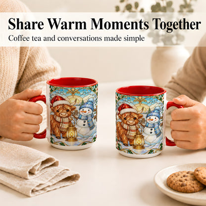 #pl[15oz|Red] Highland Cow Snowman Coffee Mug, Winter Holiday Mug, Ceramic Cup