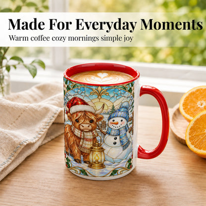 #pl[15oz|Red] Highland Cow Snowman Coffee Mug, Winter Holiday Mug, Ceramic Cup