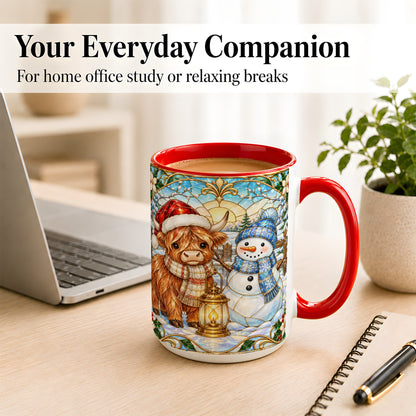 #pl[15oz|Red] Highland Cow Snowman Coffee Mug, Winter Holiday Mug, Ceramic Cup