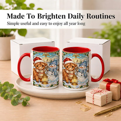 #pl[15oz|Red] Highland Cow Snowman Coffee Mug, Winter Holiday Mug, Ceramic Cup