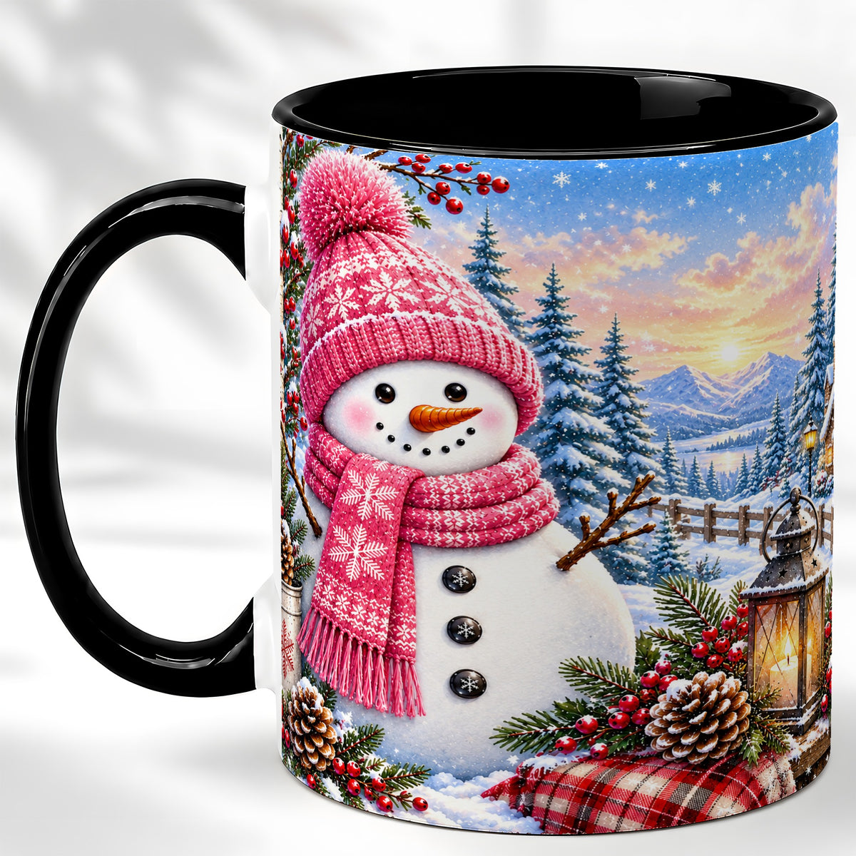 #pl[11oz|Black] Pink Snowman Coffee Mug, Cozy Winter Mug, Ceramic Cup