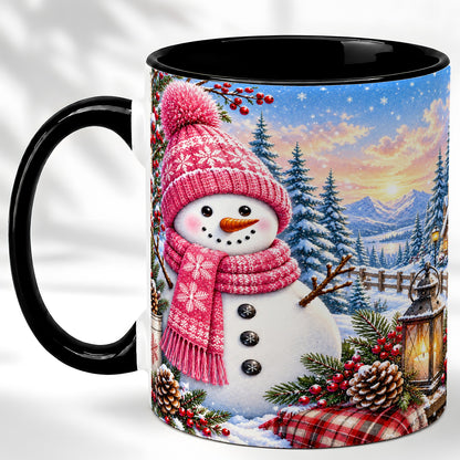 #pl[11oz|Black] Pink Snowman Coffee Mug, Cozy Winter Mug, Ceramic Cup
