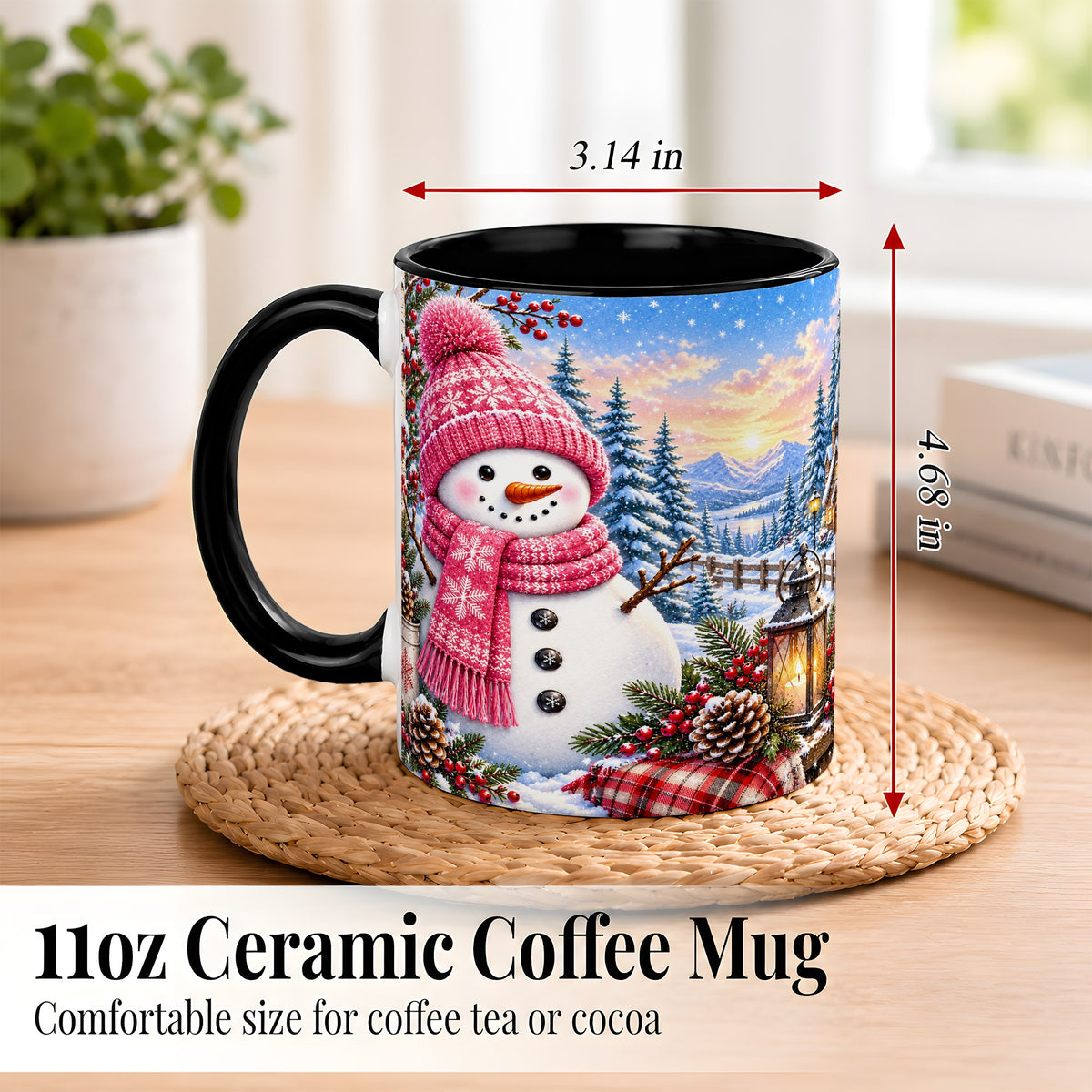 #pl[11oz|Black] Pink Snowman Coffee Mug, Cozy Winter Mug, Ceramic Cup