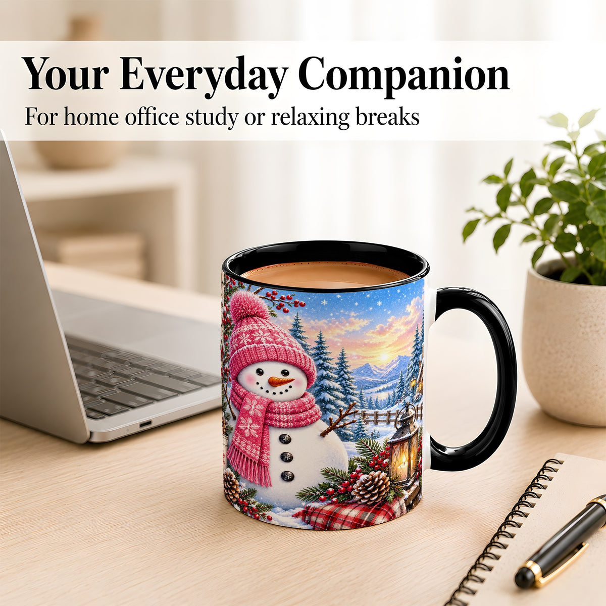 #pl[11oz|Black] Pink Snowman Coffee Mug, Cozy Winter Mug, Ceramic Cup