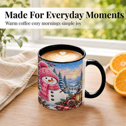#pl[11oz|Black] Pink Snowman Coffee Mug, Cozy Winter Mug, Ceramic Cup