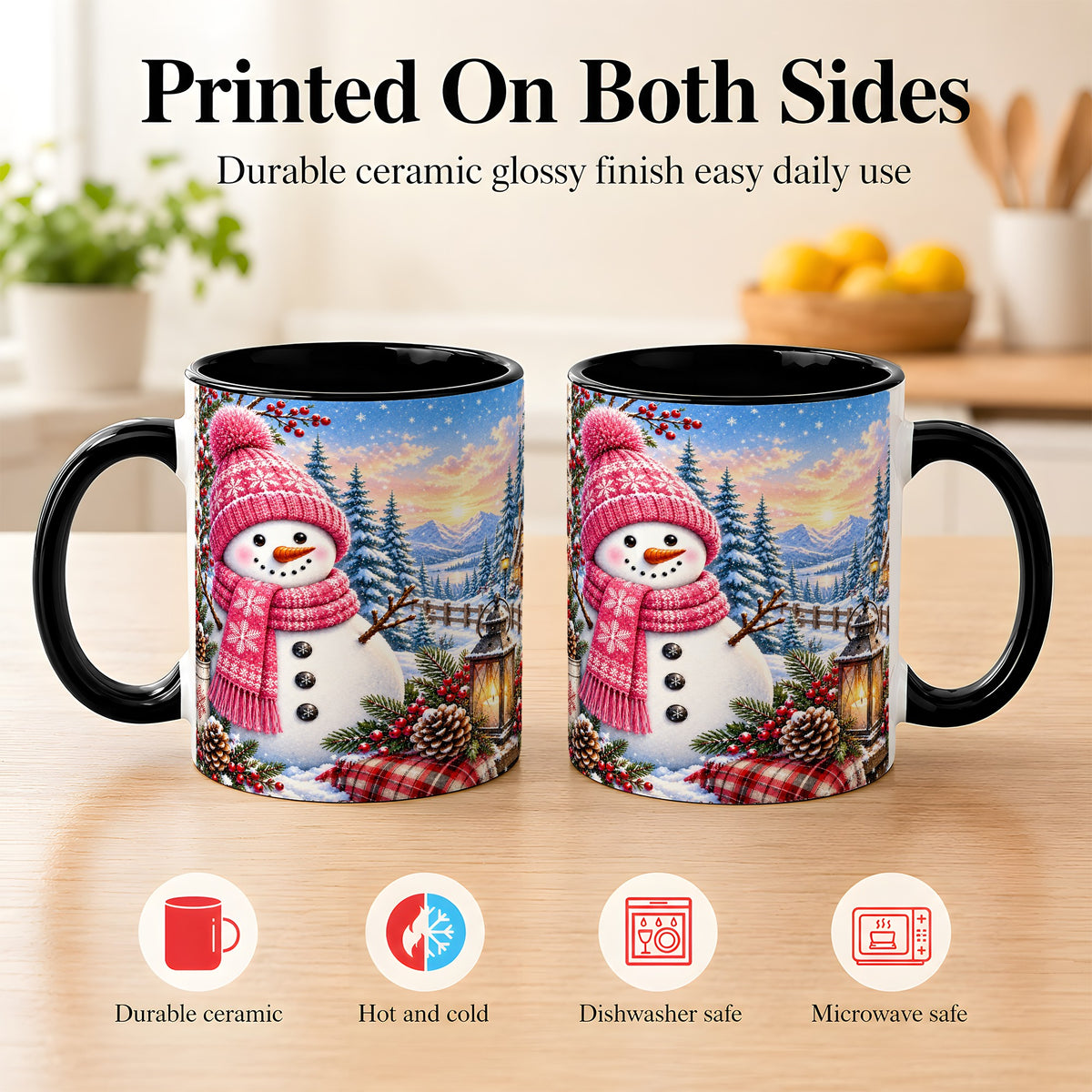#pl[11oz|Black] Pink Snowman Coffee Mug, Cozy Winter Mug, Ceramic Cup