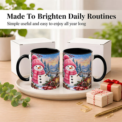 #pl[11oz|Black] Pink Snowman Coffee Mug, Cozy Winter Mug, Ceramic Cup