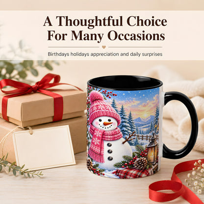 #pl[11oz|Black] Pink Snowman Coffee Mug, Cozy Winter Mug, Ceramic Cup
