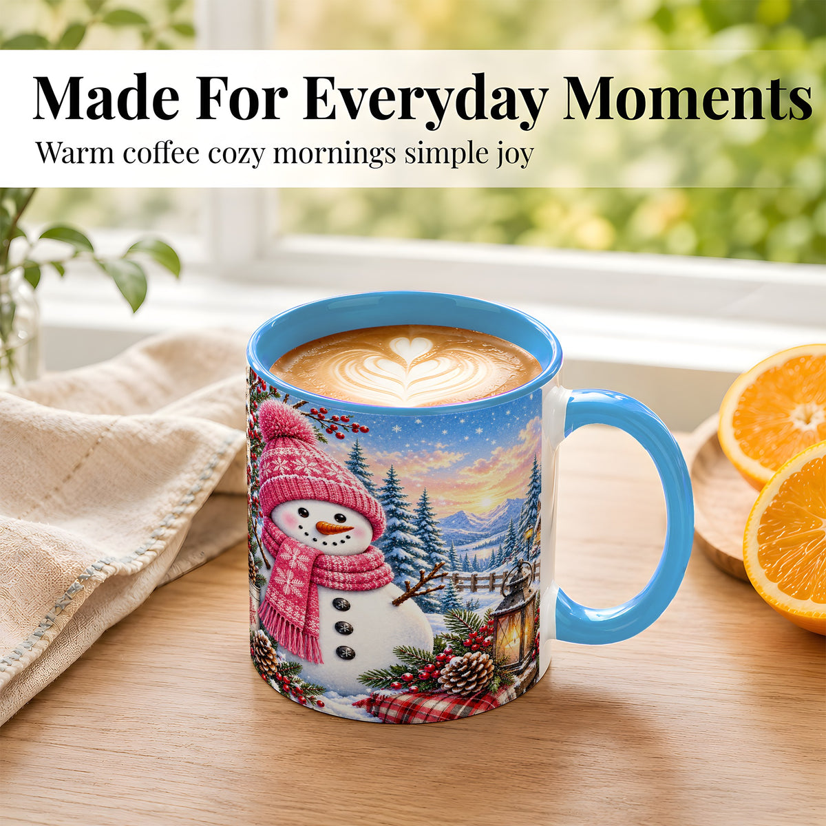 #pl[11oz|Blue] Pink Snowman Coffee Mug, Cozy Winter Mug, Ceramic Cup