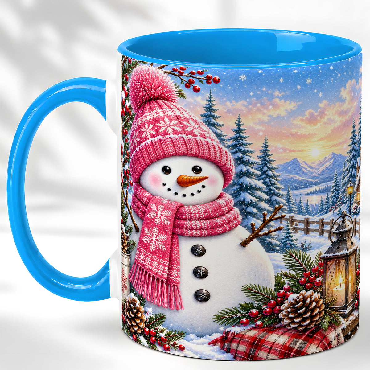 #pl[11oz|Blue] Pink Snowman Coffee Mug, Cozy Winter Mug, Ceramic Cup