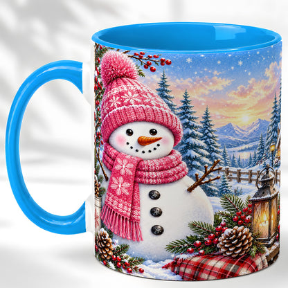 #pl[11oz|Blue] Pink Snowman Coffee Mug, Cozy Winter Mug, Ceramic Cup