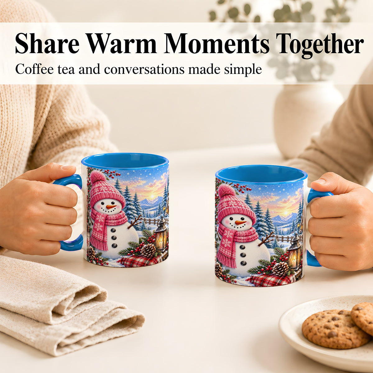 #pl[11oz|Blue] Pink Snowman Coffee Mug, Cozy Winter Mug, Ceramic Cup