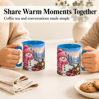 #pl[11oz|Blue] Pink Snowman Coffee Mug, Cozy Winter Mug, Ceramic Cup