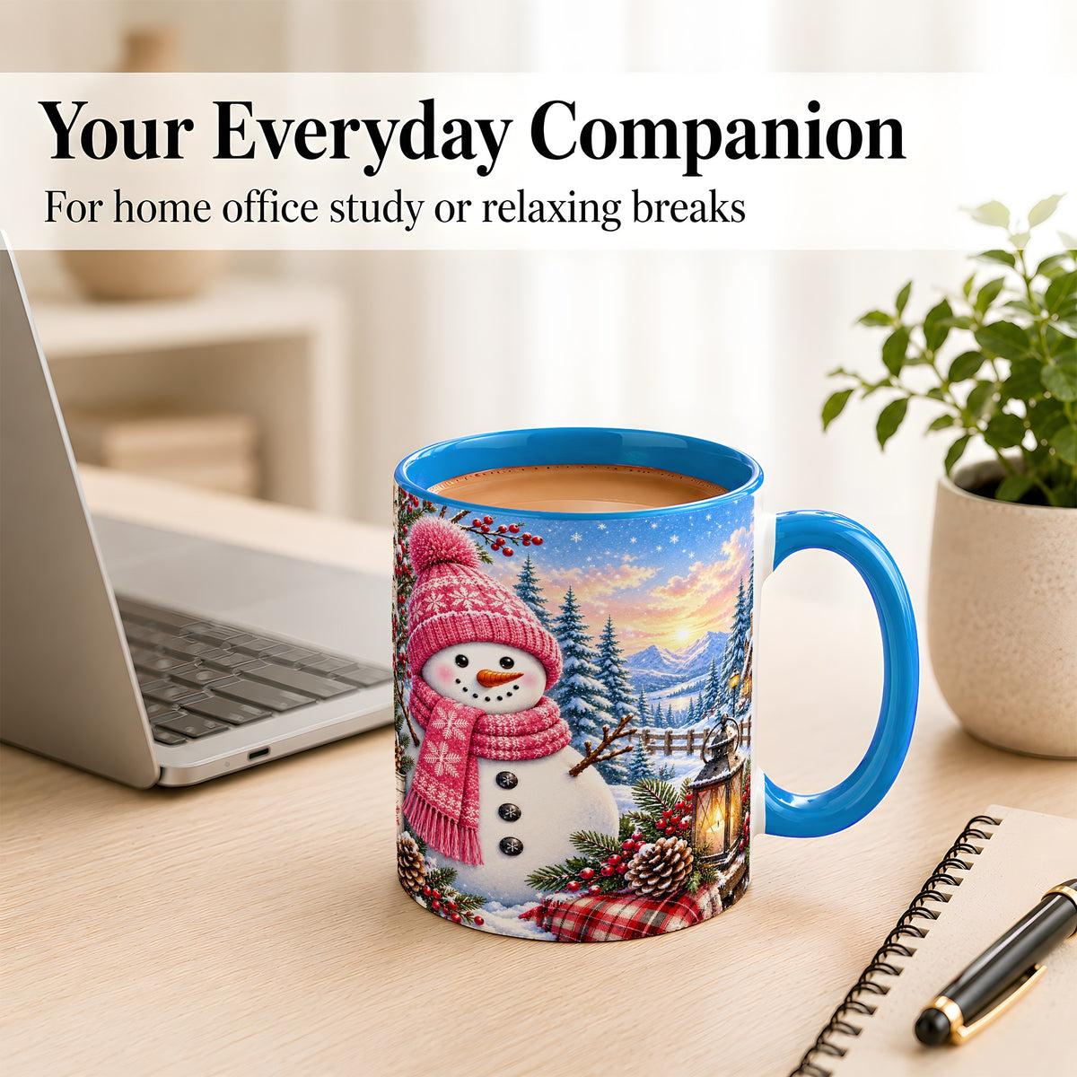 #pl[11oz|Blue] Pink Snowman Coffee Mug, Cozy Winter Mug, Ceramic Cup