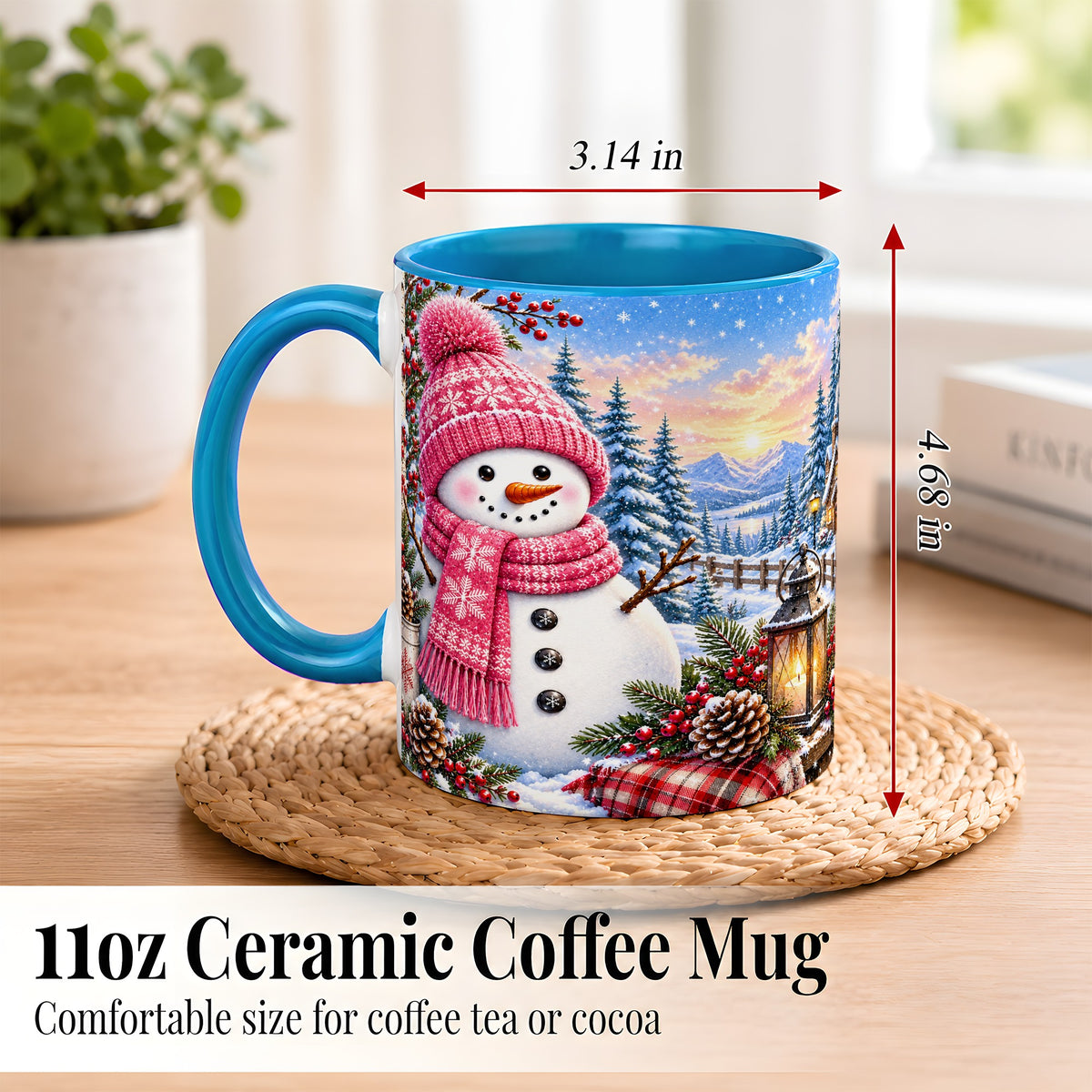 #pl[11oz|Blue] Pink Snowman Coffee Mug, Cozy Winter Mug, Ceramic Cup